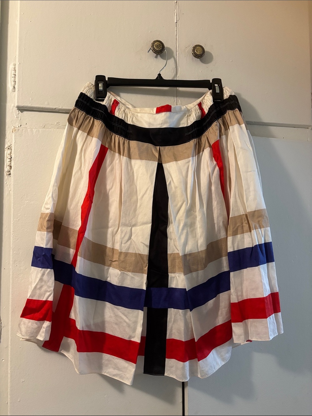 Striped White Cotton A-Line Skirt with Red, Blue & Tan Accents Kenneth Cole
